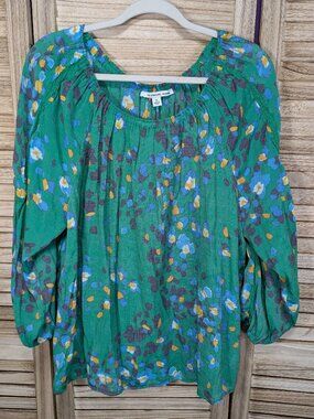 Zac & Rachel Green Floral Peasant Blouse with Blue & Yellow Accents Size 1X